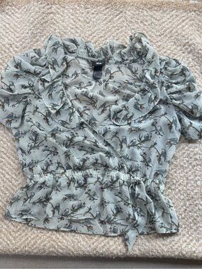 H&M Bird and Floral Ruffle Wrap Peplum Blouse